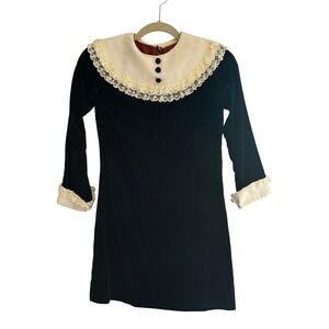 Vintage Petites by Siro Forest Green Velvet Mini Dress Lace Peter Pan Collar Mod